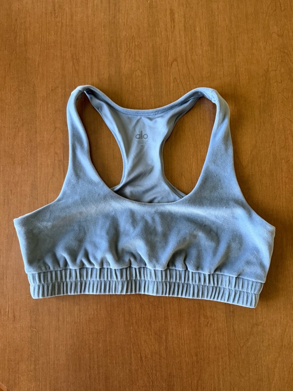 ALO Yoga Pale Blue velvet Racerback Sports Bra with Elastic Underband